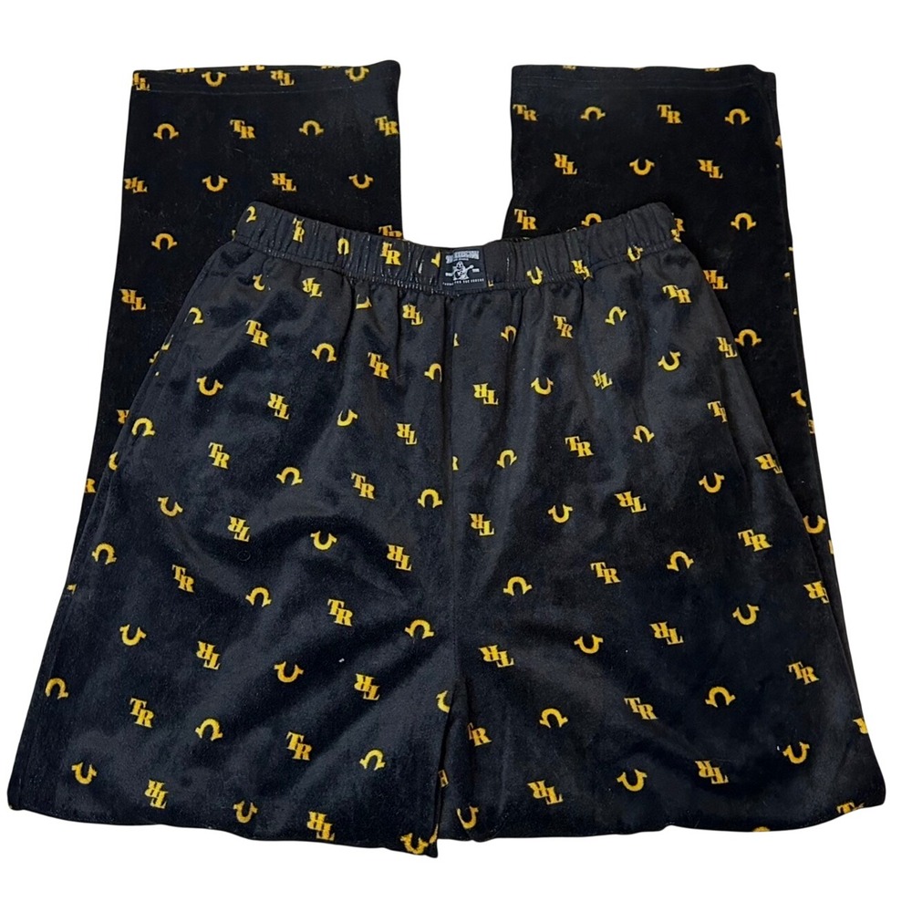 True Religion Mens Fleece Lounge Pajama Pants Black‎ Yellow Monogram Logo Large